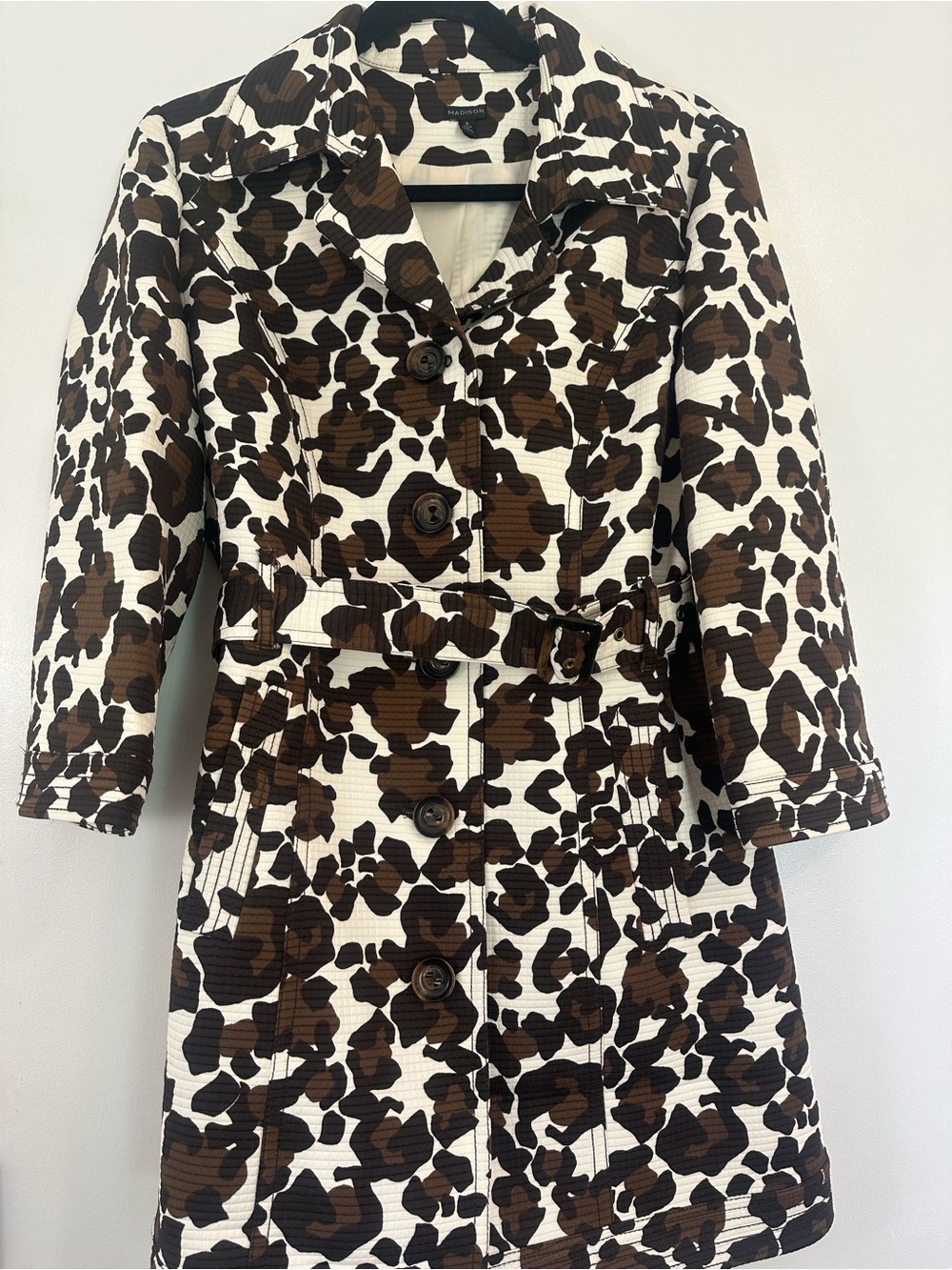 Madison Leopard-Print Trench Coat in Brown and White